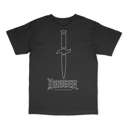 Dagger Outline Blade T-Shirt back, black tee with large white outline dagger above the outline Dagger Skateboards logo
