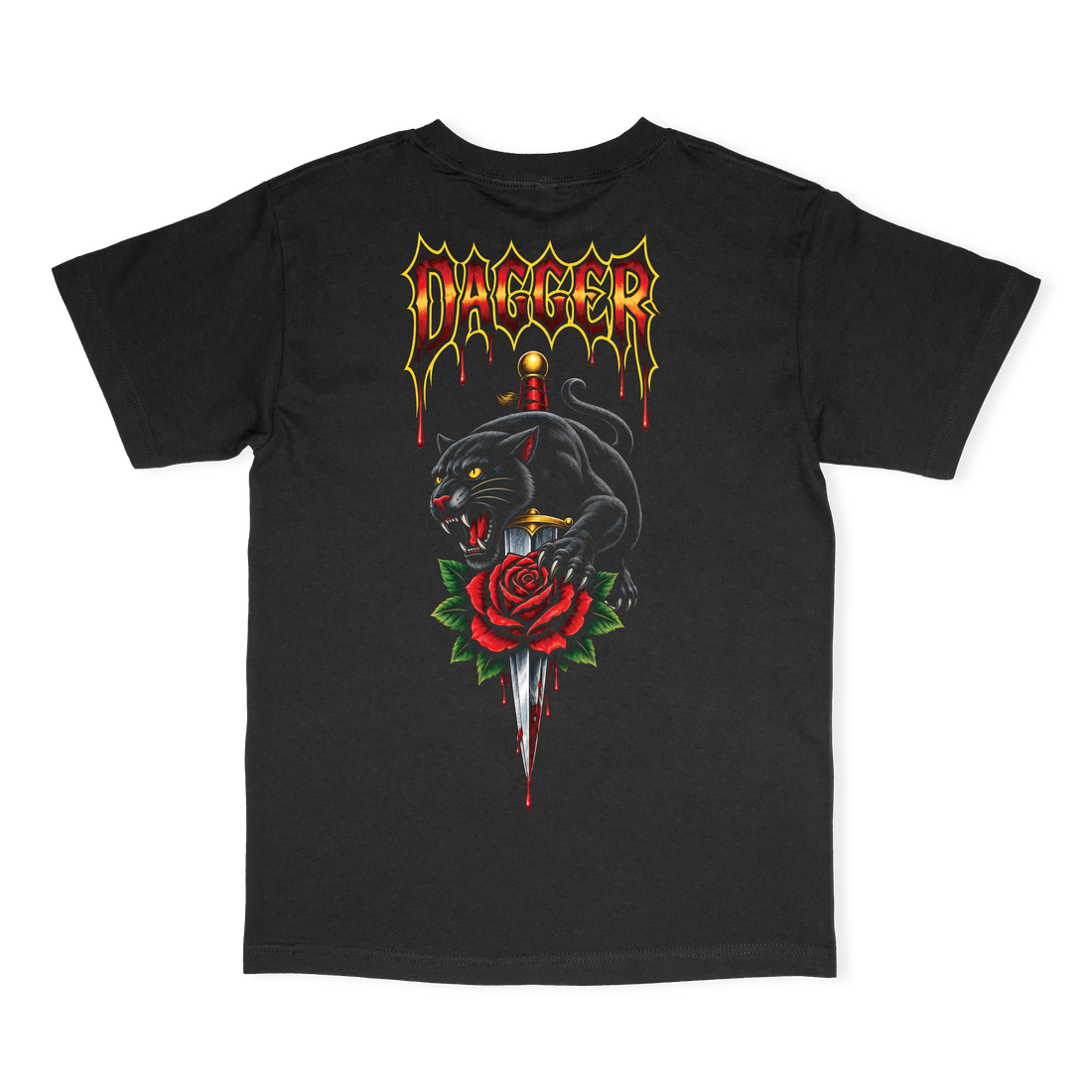 Dagger Panther Rose Tee black t-shirt with panther, dagger, red rose, and Dagger Skateboards graphic on back