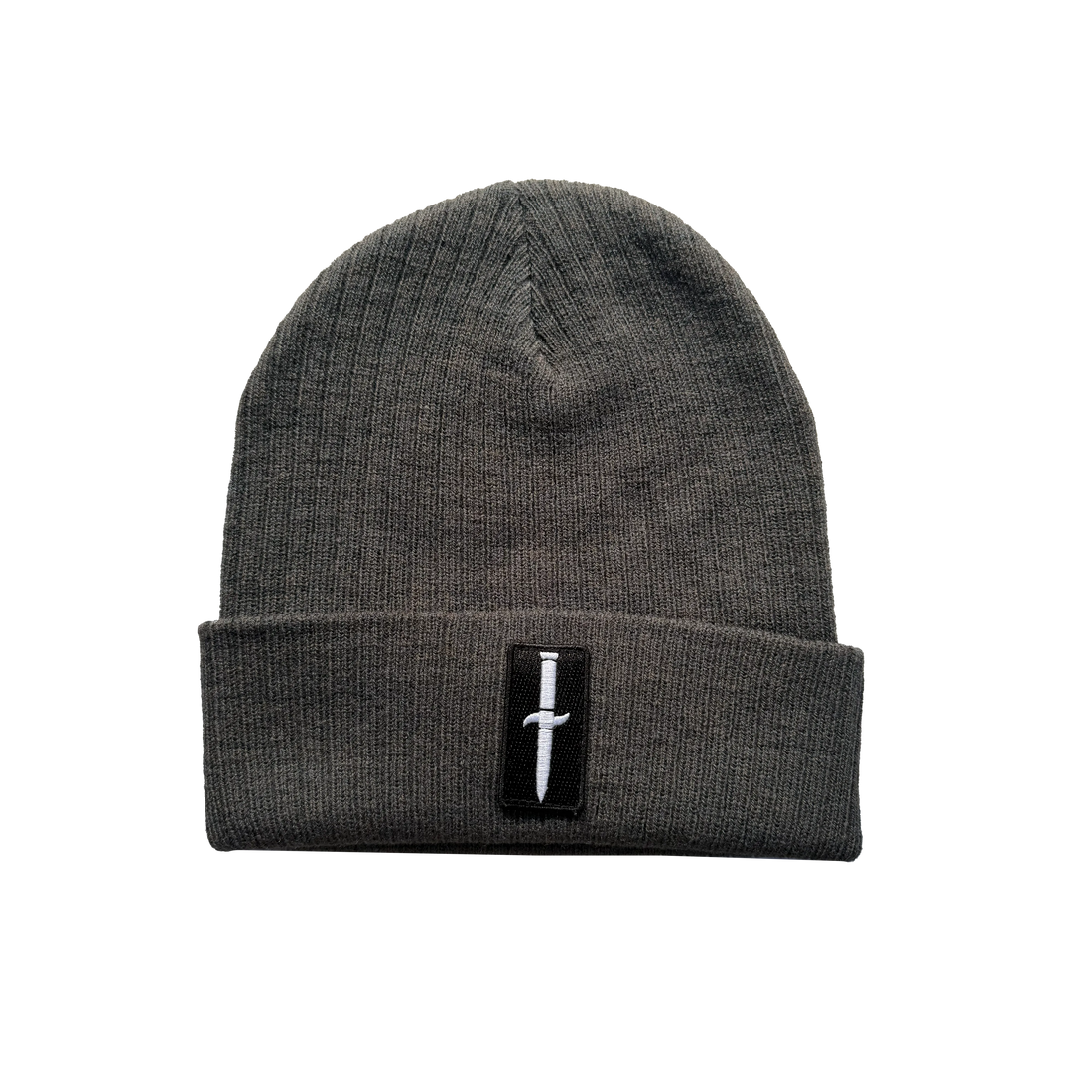 Charcoal knit cuff beanie with Dagger patch on front