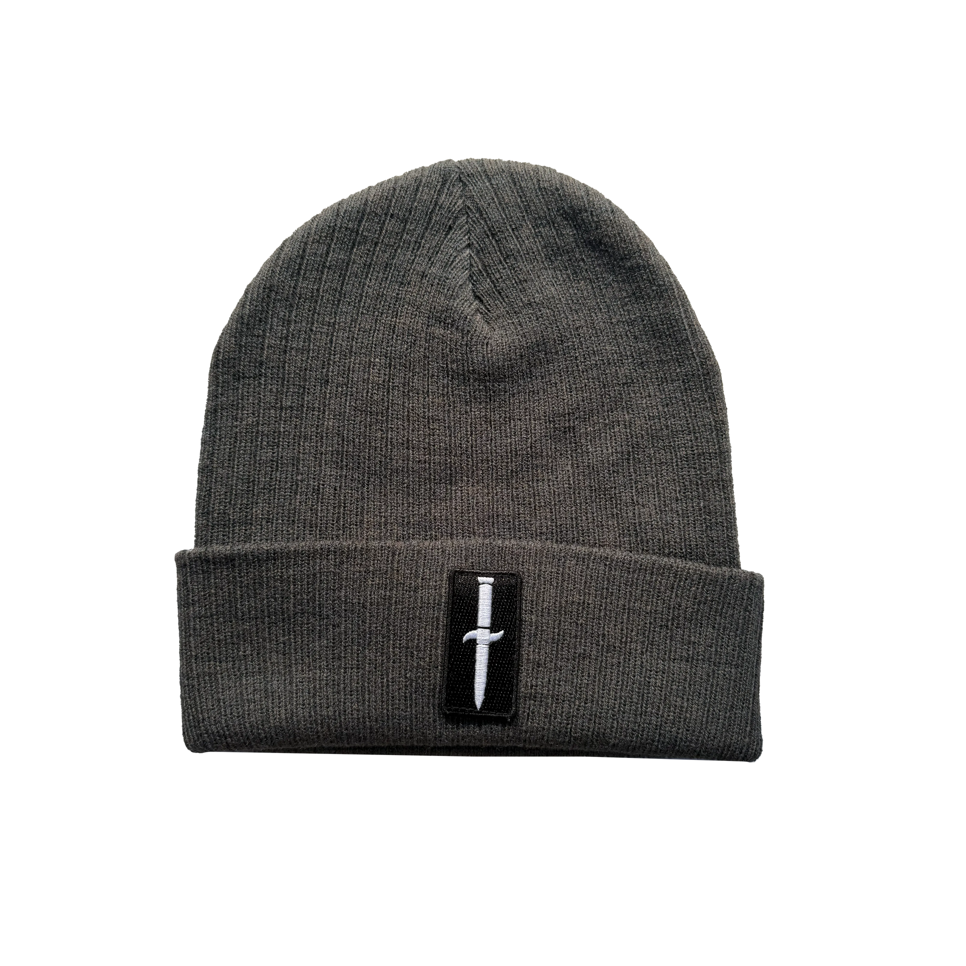 Charcoal knit cuff beanie with Dagger patch on front