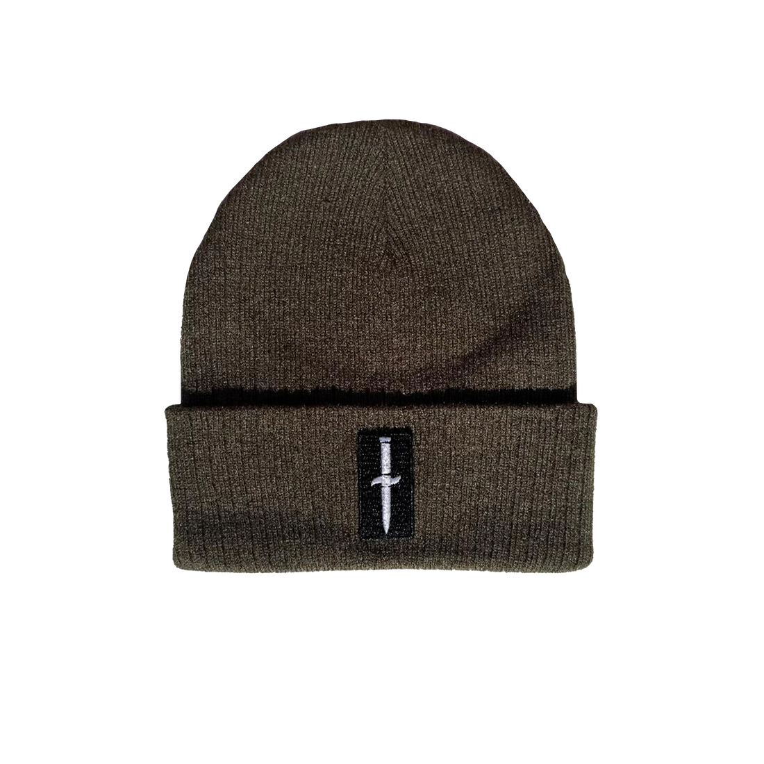 Olive knit cuff beanie with Dagger patch on front