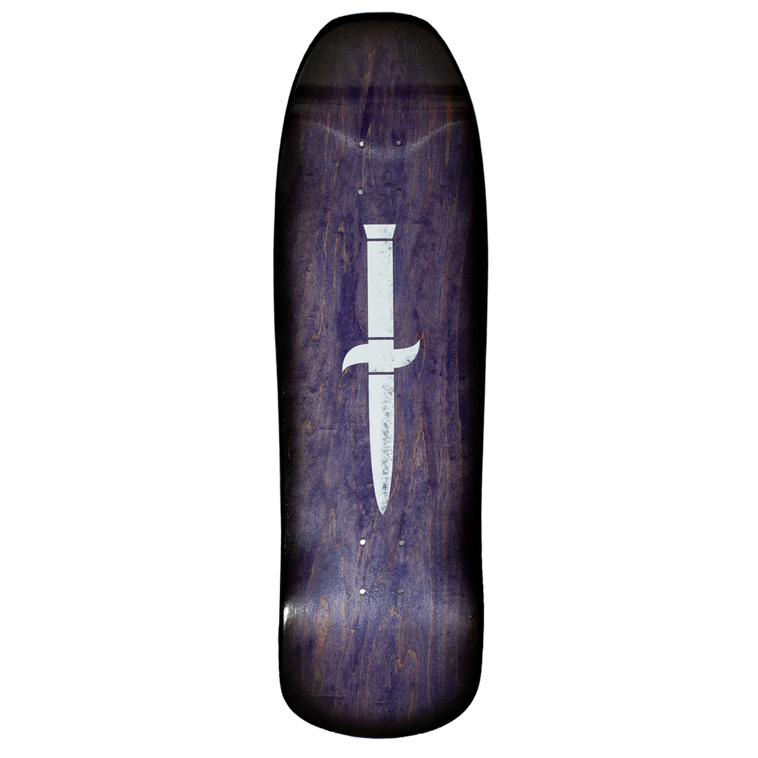 Dagger Purple Blade 9.75 inch shaped skateboard deck with white dagger graphic