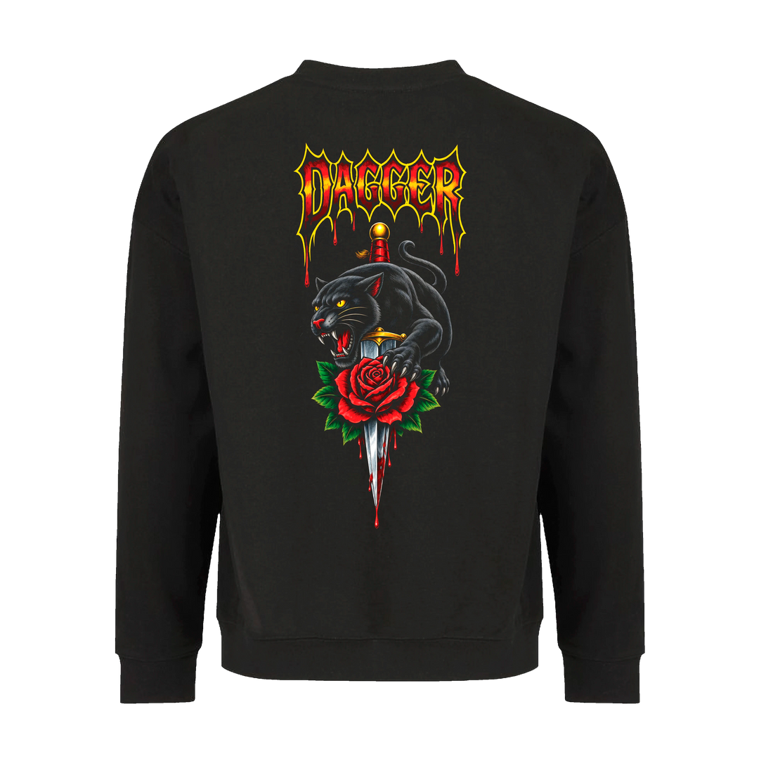 Dagger Panther Rose crewneck sweatshirt with black panther, red rose and dagger skateboard graphic