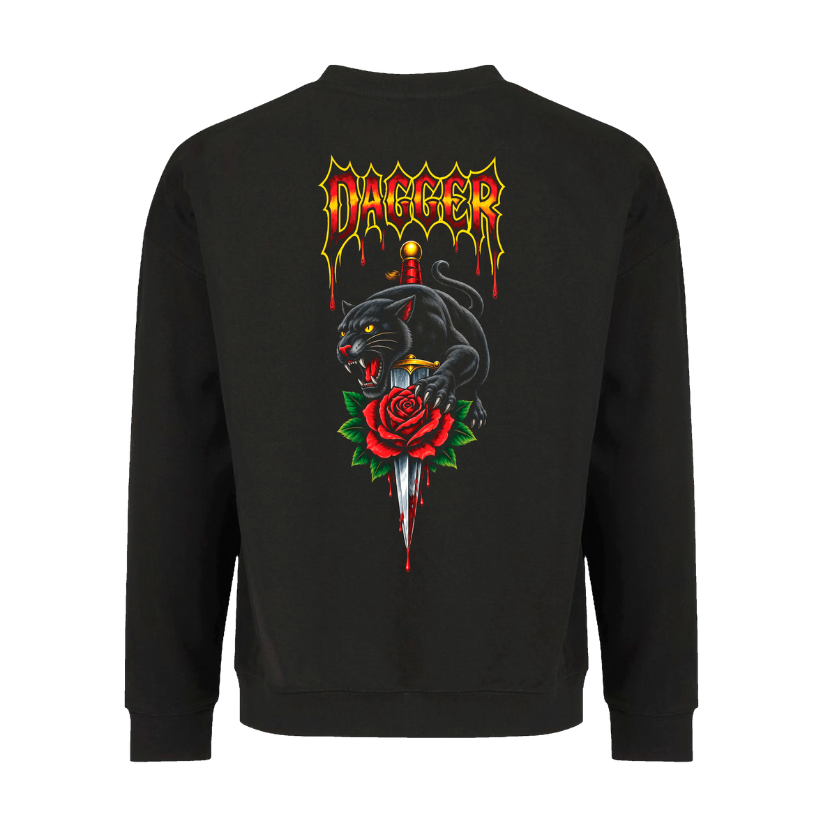 Dagger Panther Rose crewneck sweatshirt with black panther, red rose and dagger skateboard graphic