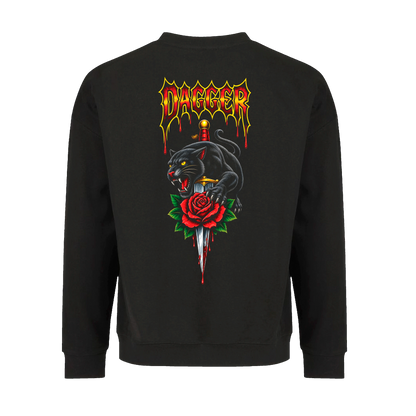 Dagger Panther Rose crewneck sweatshirt with black panther, red rose and dagger skateboard graphic