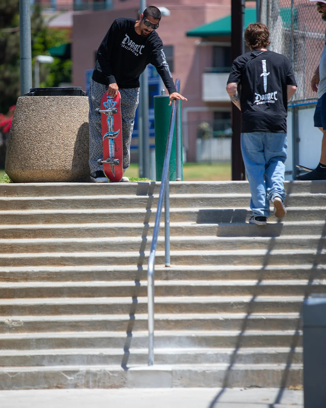 Dagger Skateboards riders wearing black Dagger apparel at a stair set
