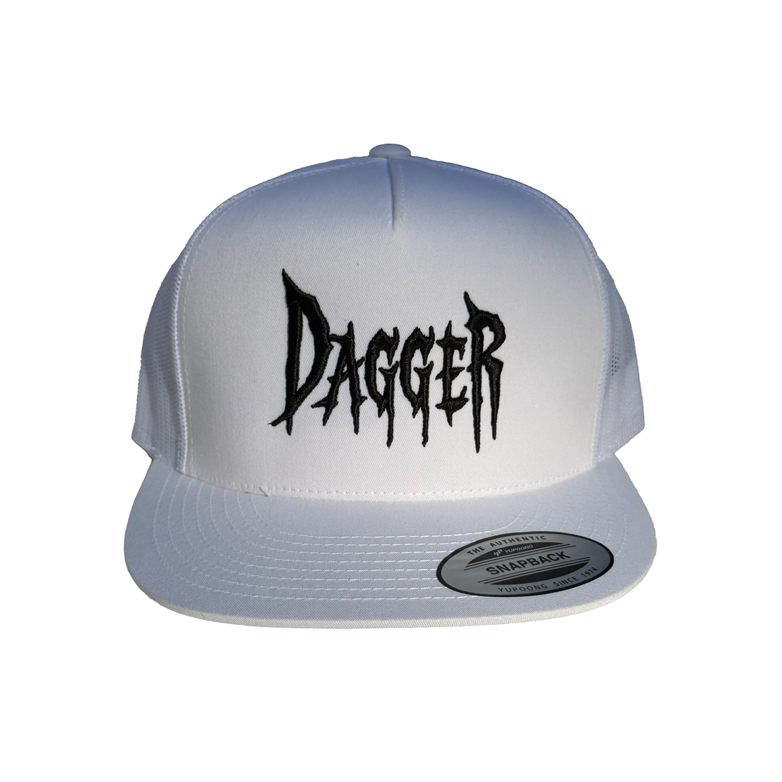 White trucker hat with black raised 3D embroidered Dagger logo, front view