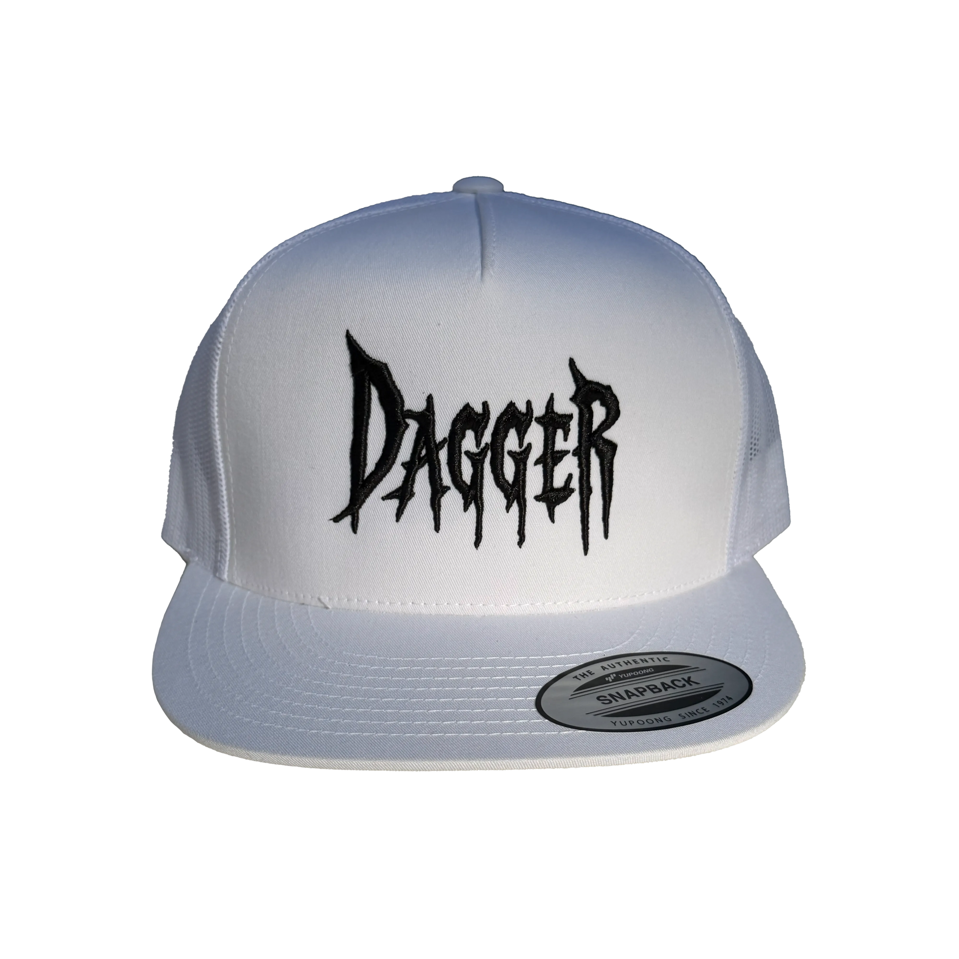 White trucker hat with black raised 3D embroidered Dagger logo, front view