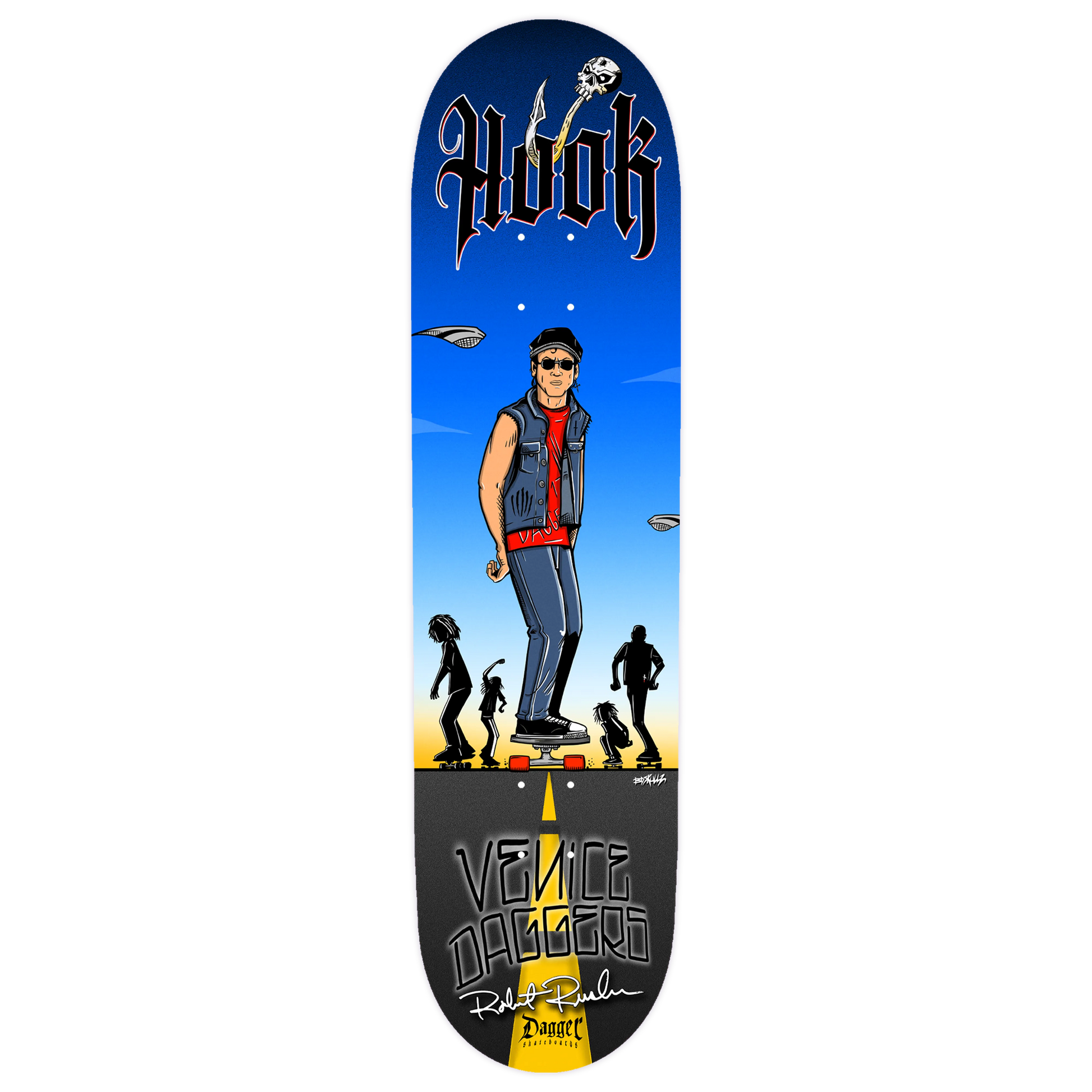 Dagger Skateboards deck featuring tribute graphic artwork of a skater on a blue background.