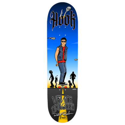 Dagger Skateboards deck featuring tribute graphic artwork of a skater on a blue background.