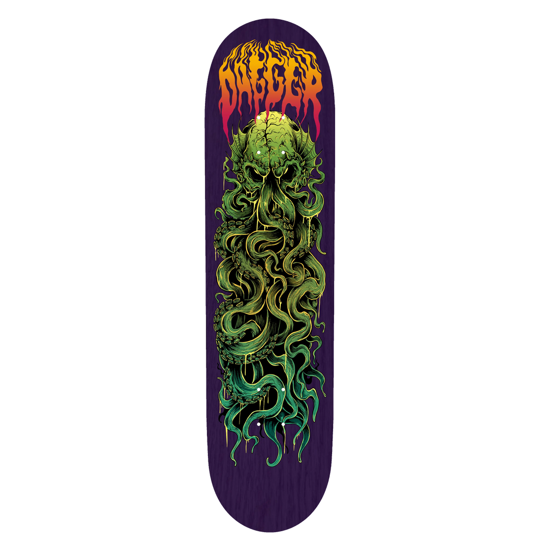 Kraken skateboard deck bottom graphic by Dagger Skateboards — tentacled skull artwork on purple stained woodgrain