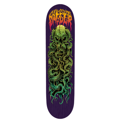 Kraken skateboard deck bottom graphic by Dagger Skateboards — tentacled skull artwork on purple stained woodgrain