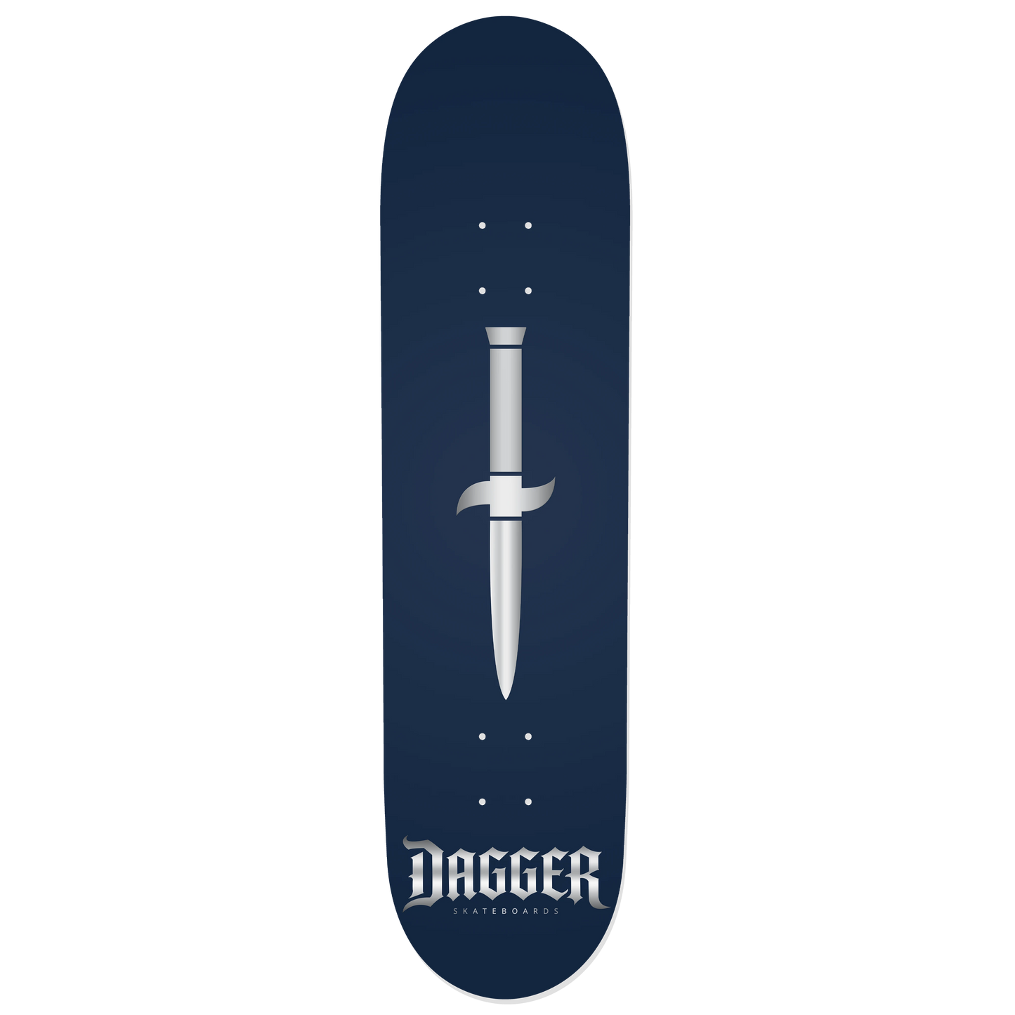 Dagger Midnight Blade skateboard deck with silver dagger and gothic logo on midnight navy background