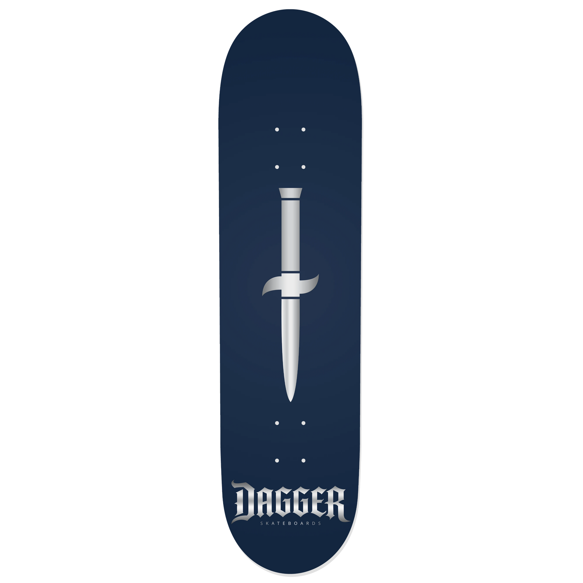 Dagger Midnight Blade skateboard deck with silver dagger and gothic logo on midnight navy background