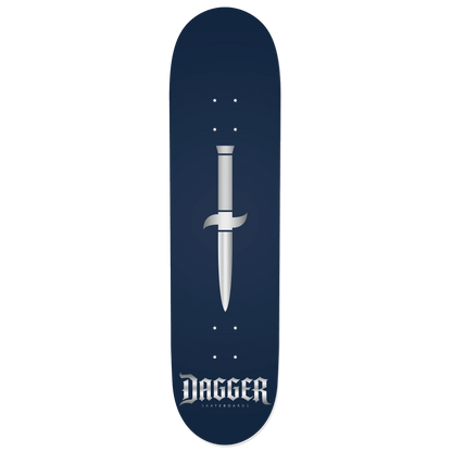 Dagger Midnight Blade skateboard deck with silver dagger and gothic logo on midnight navy background
