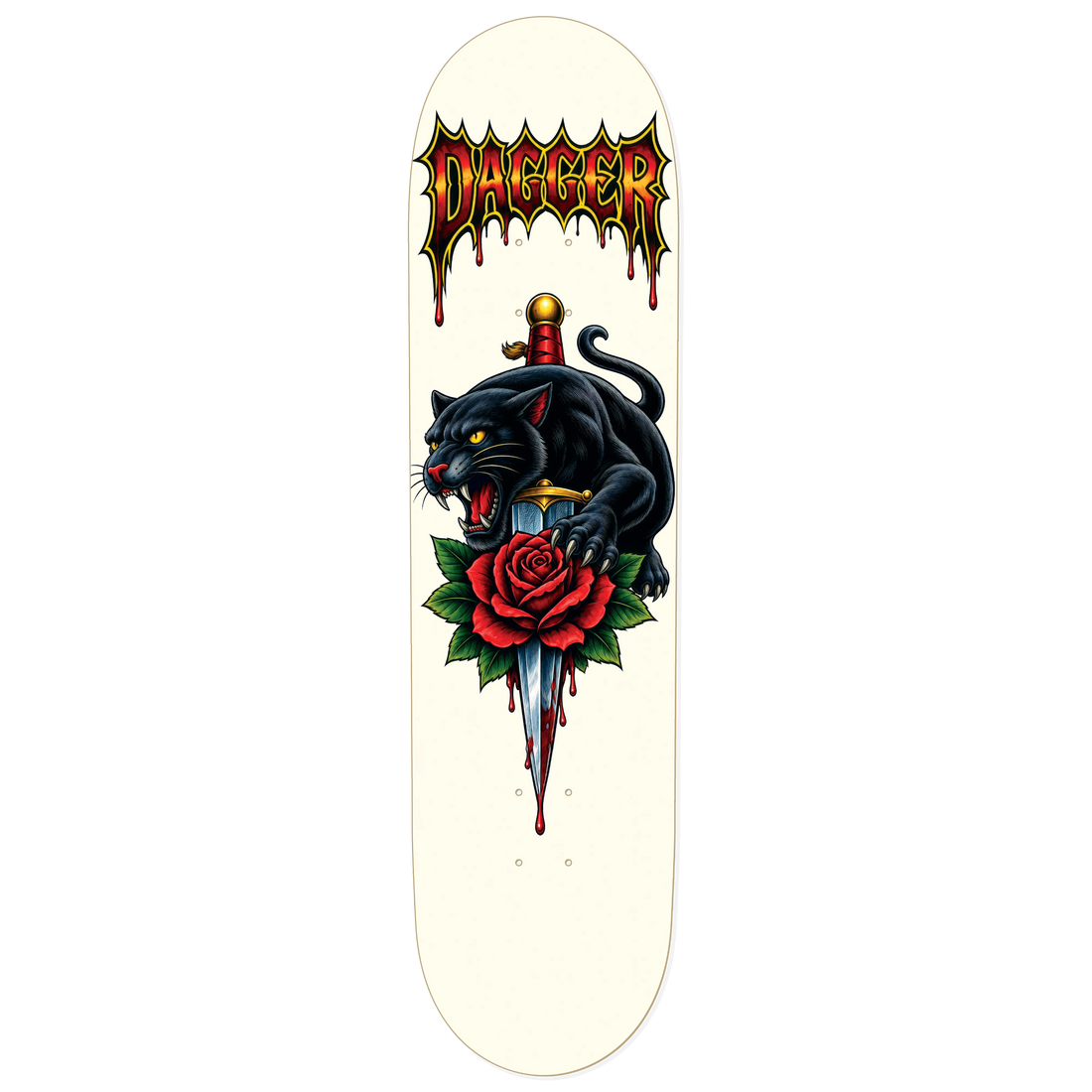 Dagger Panther Rose skateboard deck with black panther, dagger, red rose and gothic logo artwork