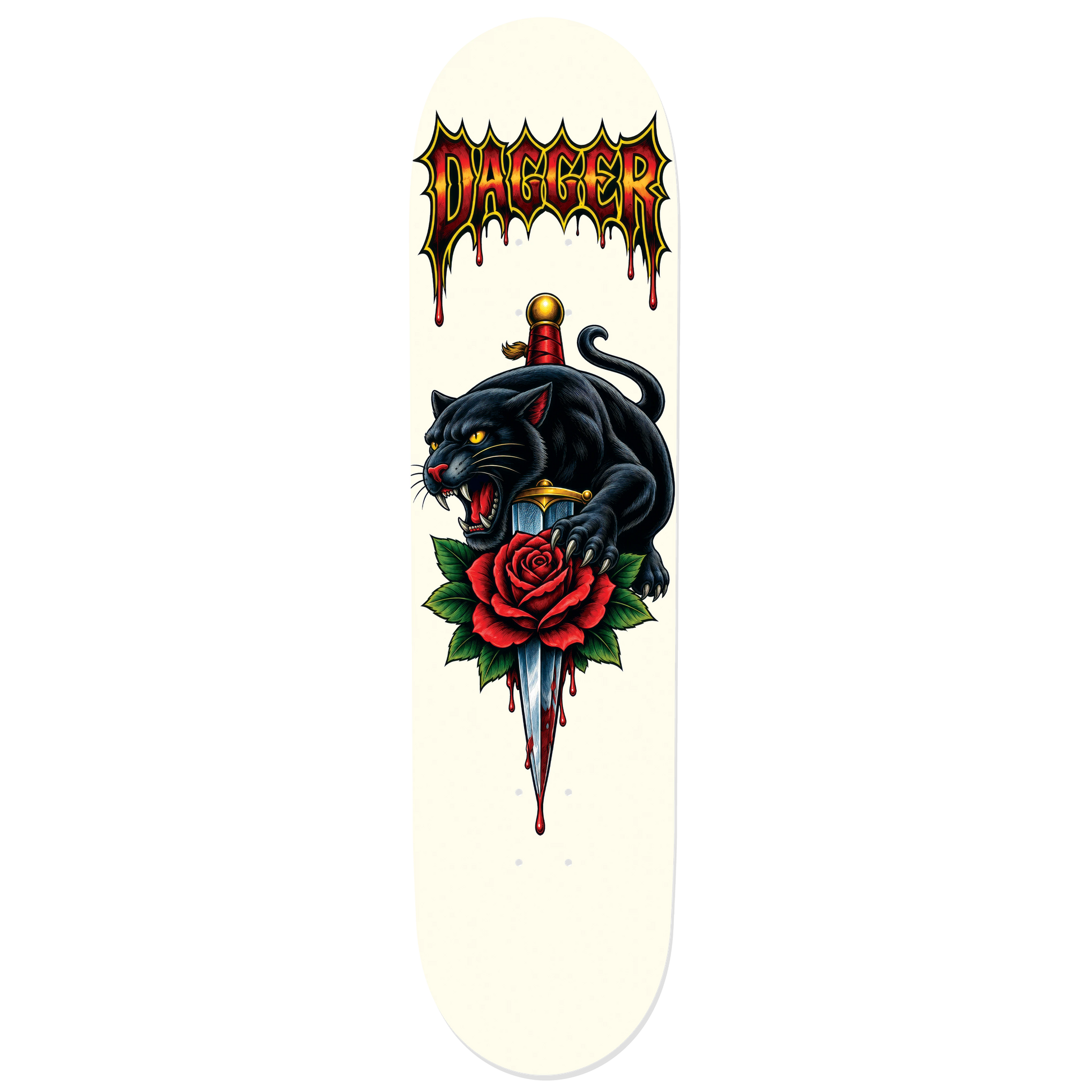Dagger Panther Rose skateboard deck with black panther, dagger, red rose and gothic logo artwork