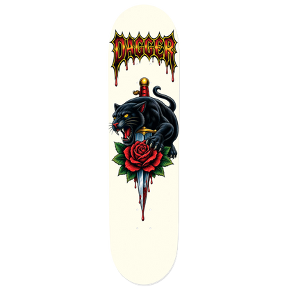 Dagger Panther Rose skateboard deck with black panther, dagger, red rose and gothic logo artwork