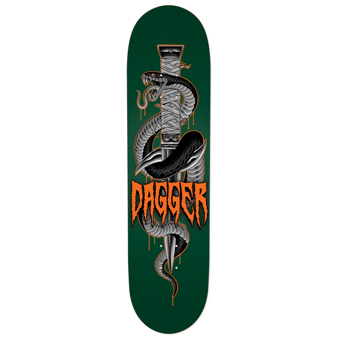 Dagger Serpent Blade skateboard deck with black and white snake wrapped around a dagger on green background