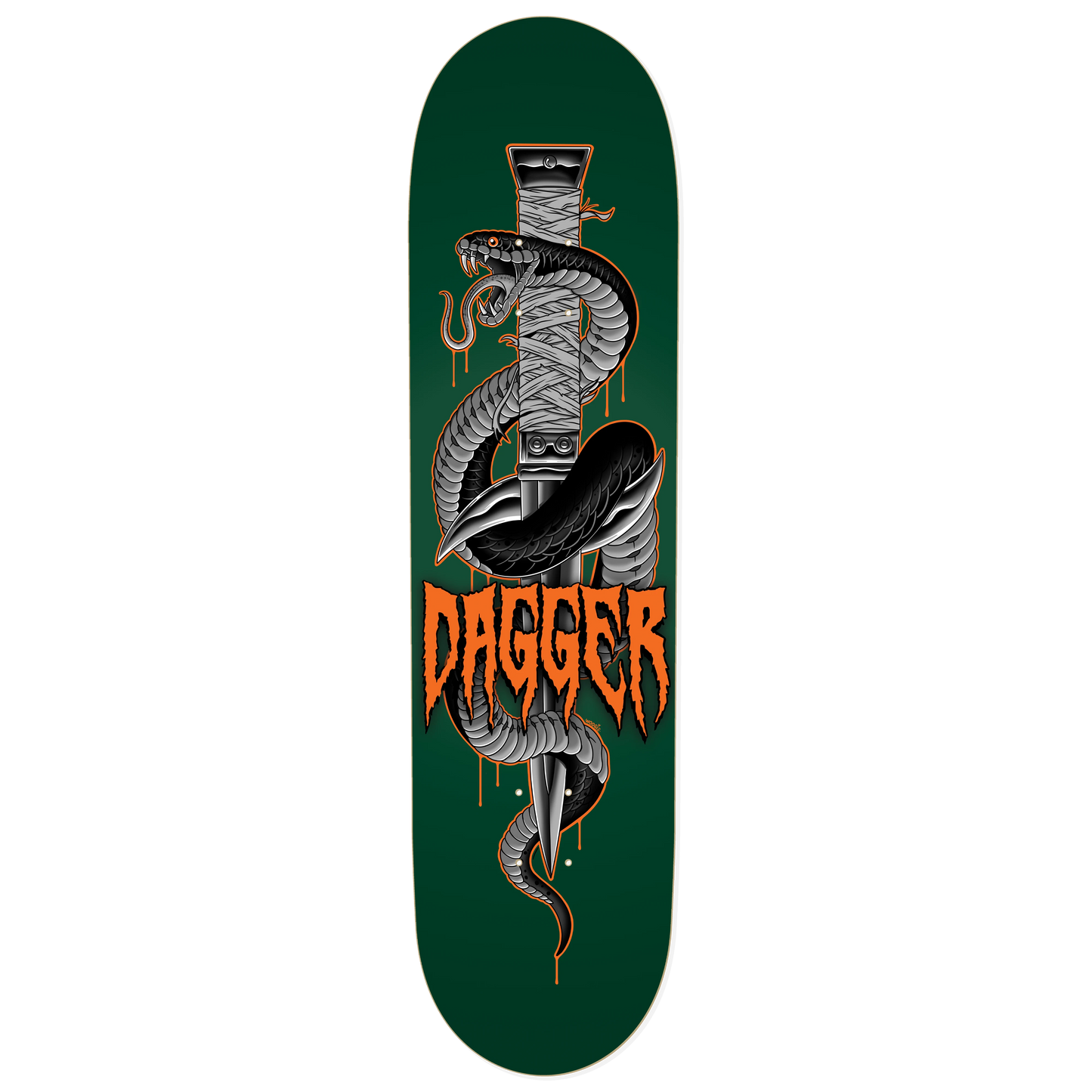 Dagger Serpent Blade skateboard deck with black and white snake wrapped around a dagger on green background