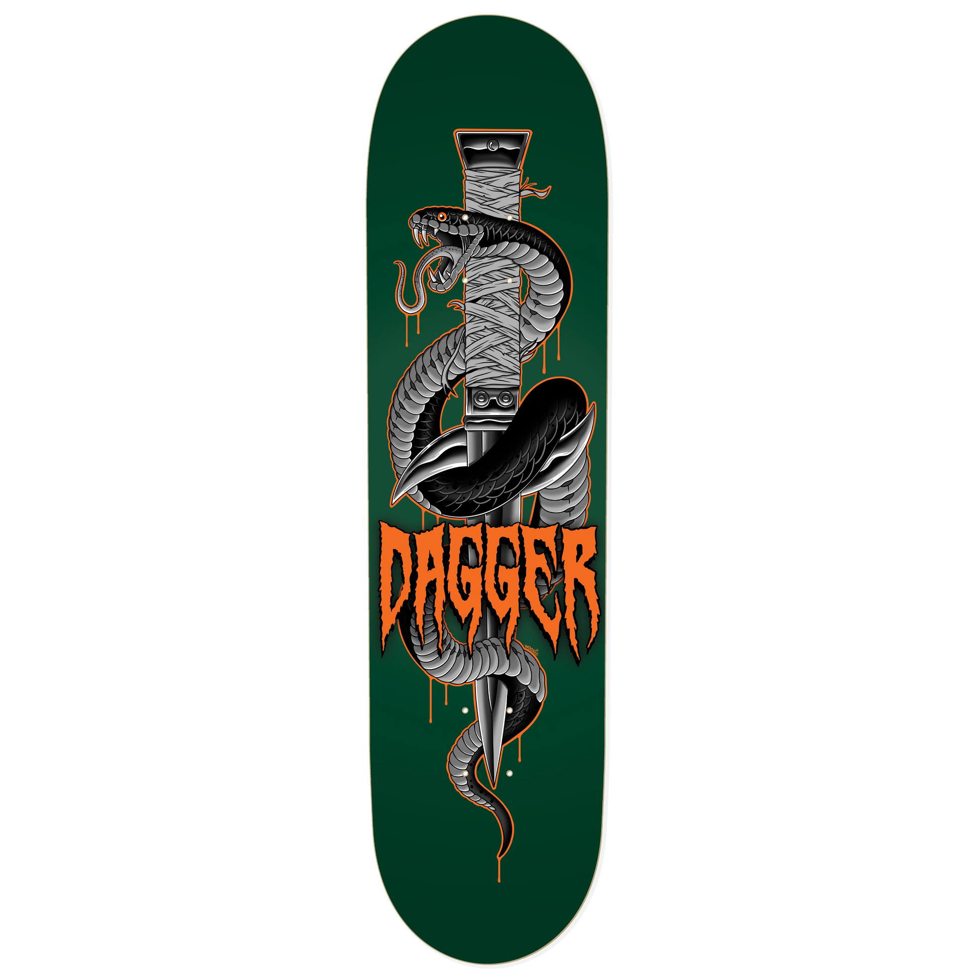 Dagger Serpent Blade skateboard deck with black and white snake wrapped around a dagger on green background