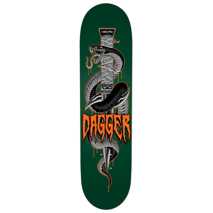 Dagger Serpent Blade skateboard deck with black and white snake wrapped around a dagger on green background