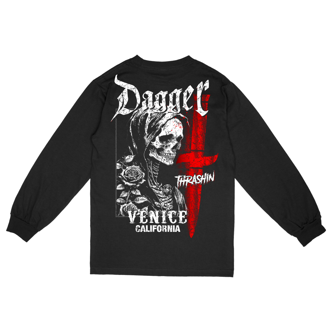 Thrashin Skull And Roses long sleeve shirt back view with graphic artwork by Dagger Skateboards