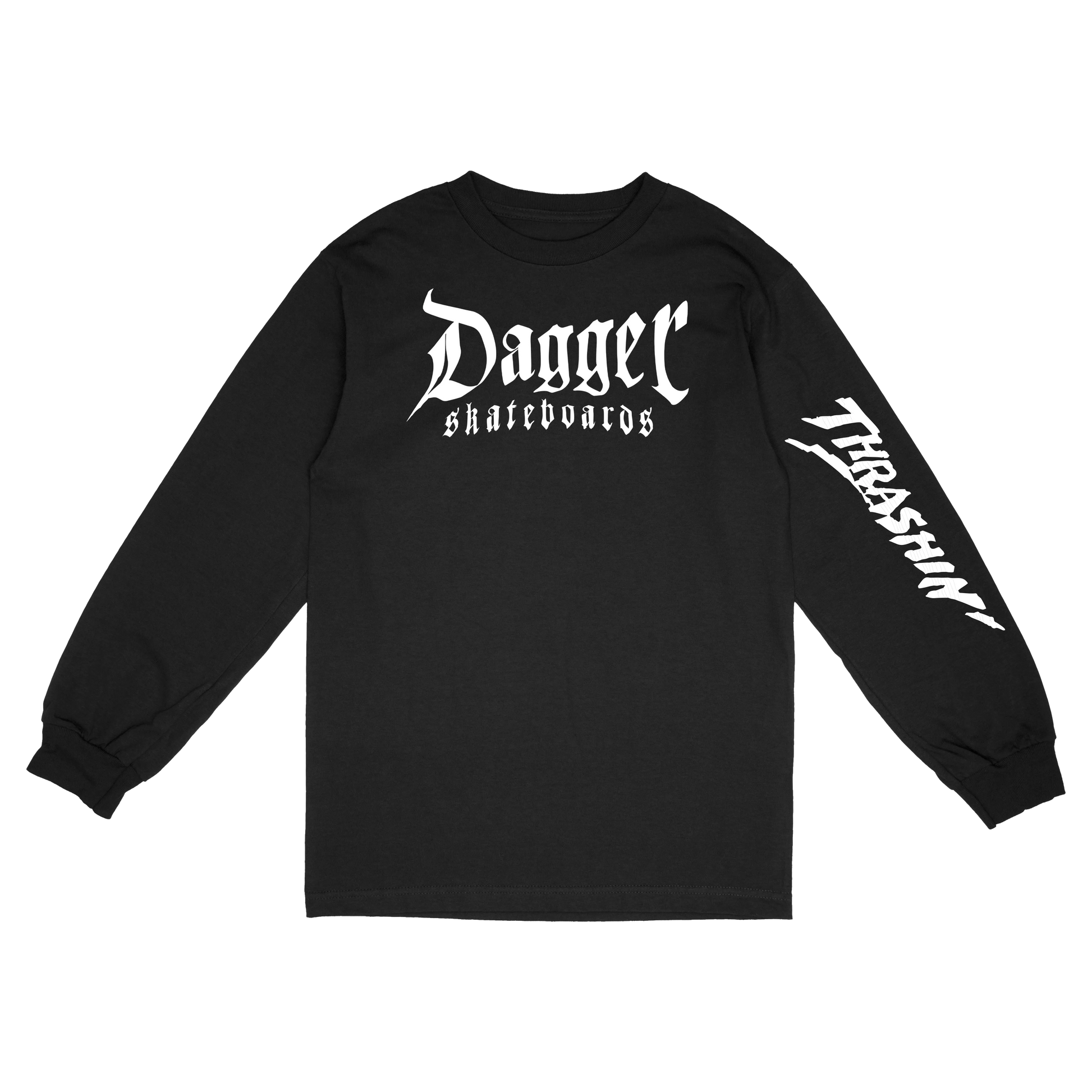Thrashin Skull And Roses long sleeve shirt front view with graphic artwork by Dagger Skateboards