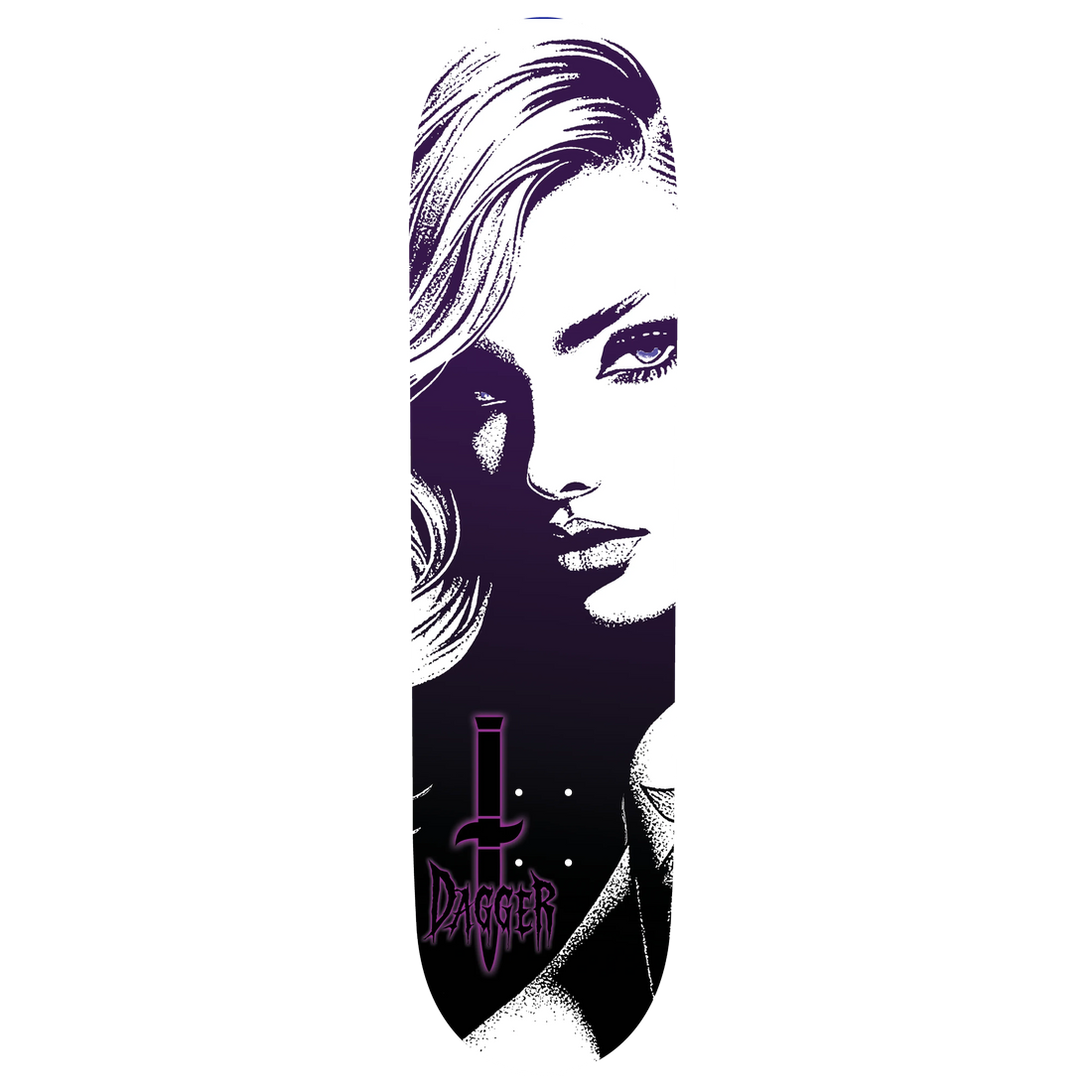 Vesper skateboard deck with black white portrait graphic and purple Dagger logo