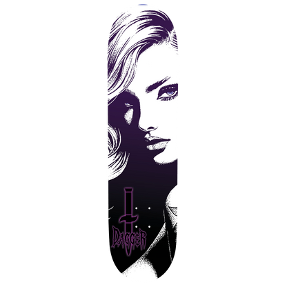 Vesper skateboard deck with black white portrait graphic and purple Dagger logo